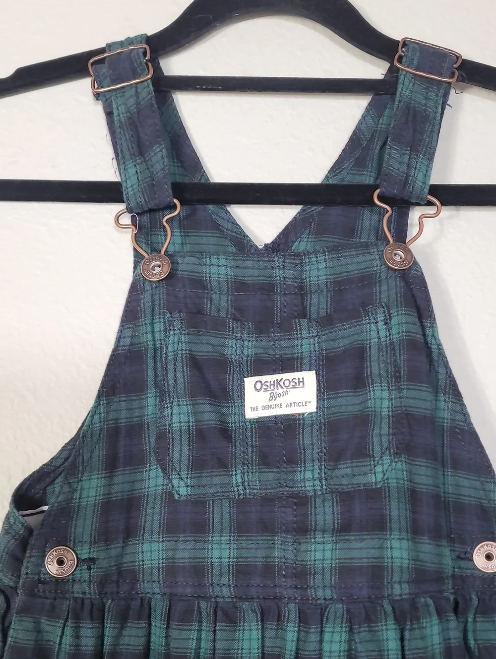 OshKosh Bgosh Plaid Jumper Overall Dress Size 5t Green Navy Preppy Girls Kids